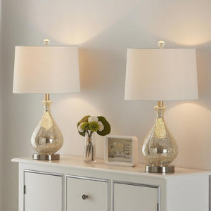 English Elm 23 Inch Handcrafted Water Glass Table Lamp Set Linen Shade Polished Nickel Bedroom Pair T6202P542539