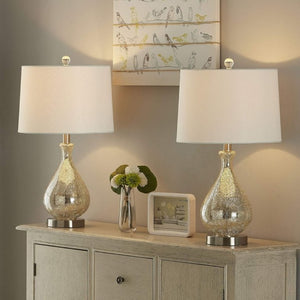 English Elm 23 Inch Handcrafted Water Glass Table Lamp Set Linen Shade Polished Nickel Bedroom Pair T6202P542539