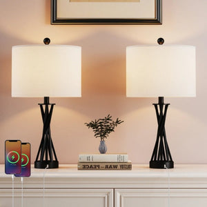 English Elm 24 Inch Matte Black Wrought Iron Table Lamps with USB Charging Ports and Linen Shade Set T6202P542551