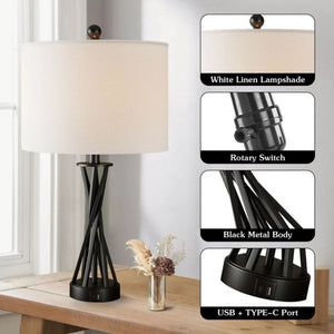 English Elm 24 Inch Matte Black Wrought Iron Table Lamps with USB Charging Ports and Linen Shade Set T6202P542551