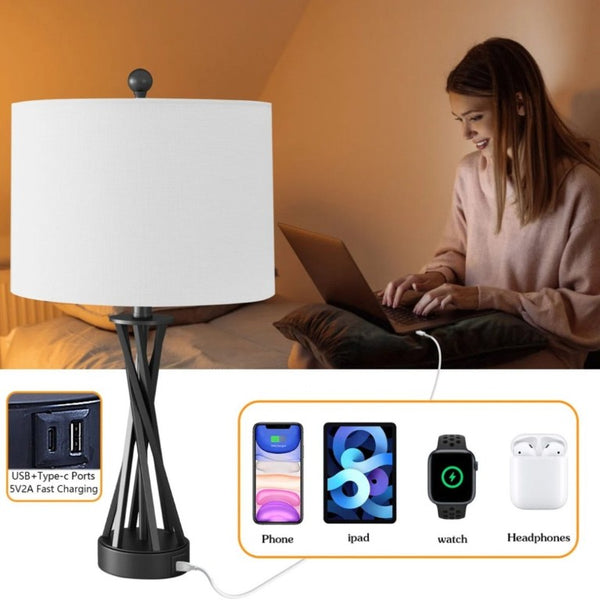 English Elm 24 Inch Matte Black Wrought Iron Table Lamps with USB Charging Ports and Linen Shade Set T6202P542551
