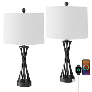 English Elm 24 Inch Matte Black Wrought Iron Table Lamps with USB Charging Ports and Linen Shade Set T6202P542551