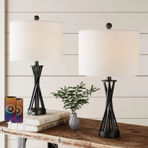 English Elm 24 Inch Matte Black Wrought Iron Table Lamps with USB Charging Ports and Linen Shade Set T6202P542551