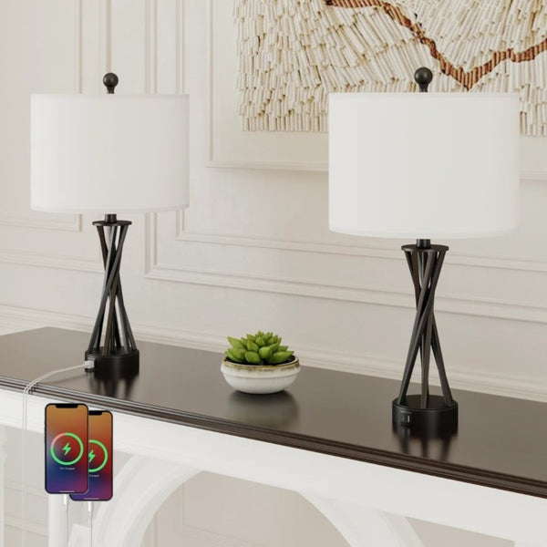 English Elm 24 Inch Matte Black Wrought Iron Table Lamps with USB Charging Ports and Linen Shade Set T6202P542551