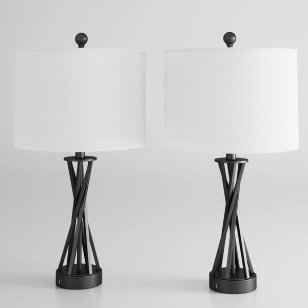 English Elm 24 Inch Matte Black Wrought Iron Table Lamps with USB Charging Ports and Linen Shade Set T6202P542551