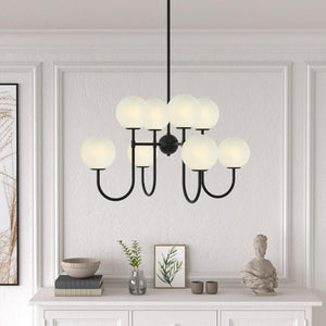 English Elm 8-Light Sputnik Chandelier Matte Black Arms Frosted Globe Shades Mid-Century Dining Room T6202P542608