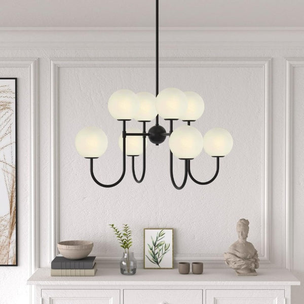English Elm 8-Light Sputnik Chandelier Matte Black Arms Frosted Globe Shades Mid-Century Dining Room T6202P542608