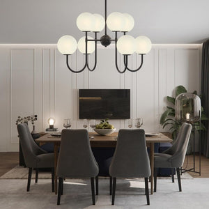 English Elm 8-Light Sputnik Chandelier Matte Black Arms Frosted Globe Shades Mid-Century Dining Room T6202P542608