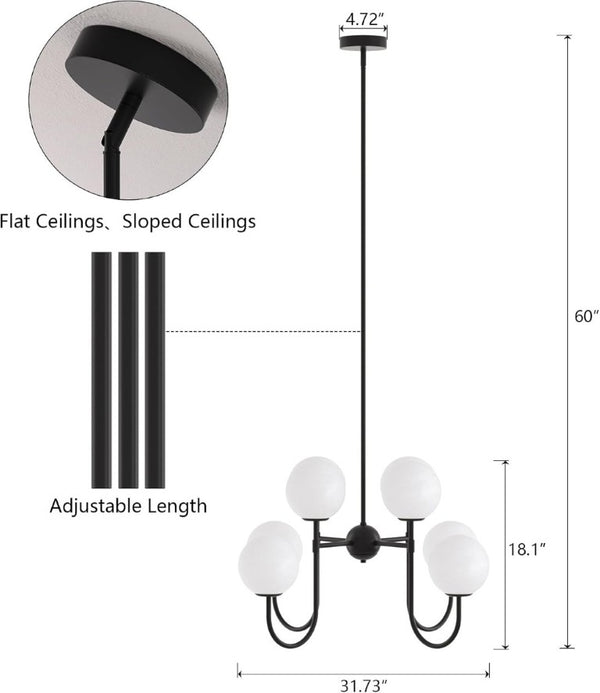 English Elm 8-Light Sputnik Chandelier Matte Black Arms Frosted Globe Shades Mid-Century Dining Room T6202P542608
