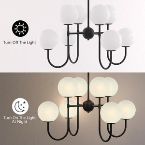 English Elm 8-Light Sputnik Chandelier Matte Black Arms Frosted Globe Shades Mid-Century Dining Room T6202P542608