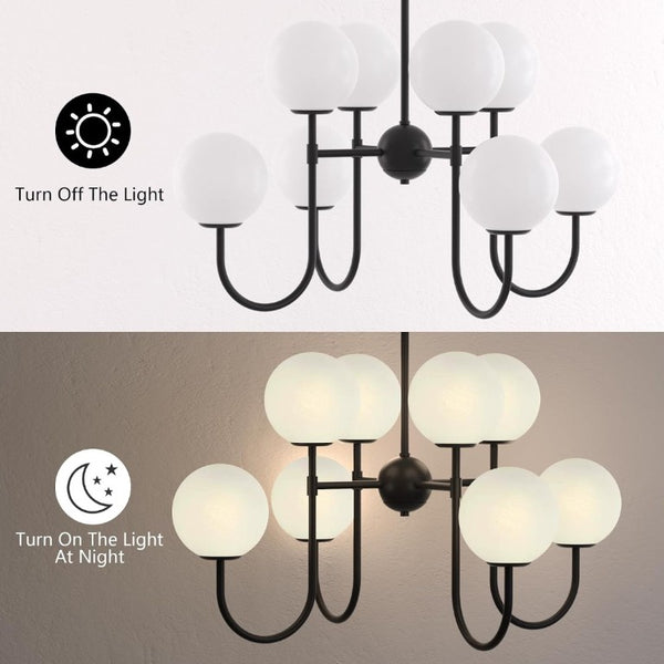 English Elm 8-Light Sputnik Chandelier Matte Black Arms Frosted Globe Shades Mid-Century Dining Room T6202P542608