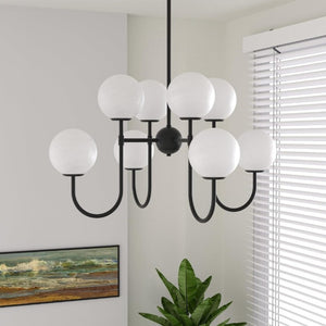 English Elm 8-Light Sputnik Chandelier Matte Black Arms Frosted Globe Shades Mid-Century Dining Room T6202P542608