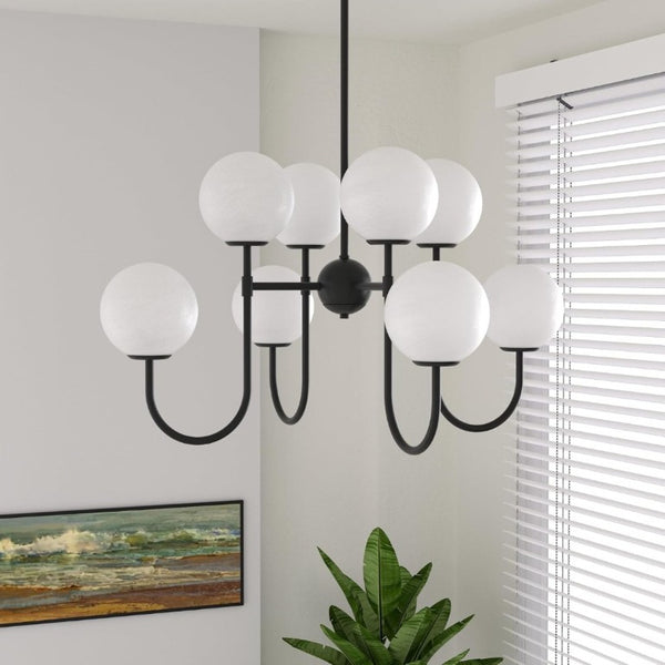 English Elm 8-Light Sputnik Chandelier Matte Black Arms Frosted Globe Shades Mid-Century Dining Room T6202P542608
