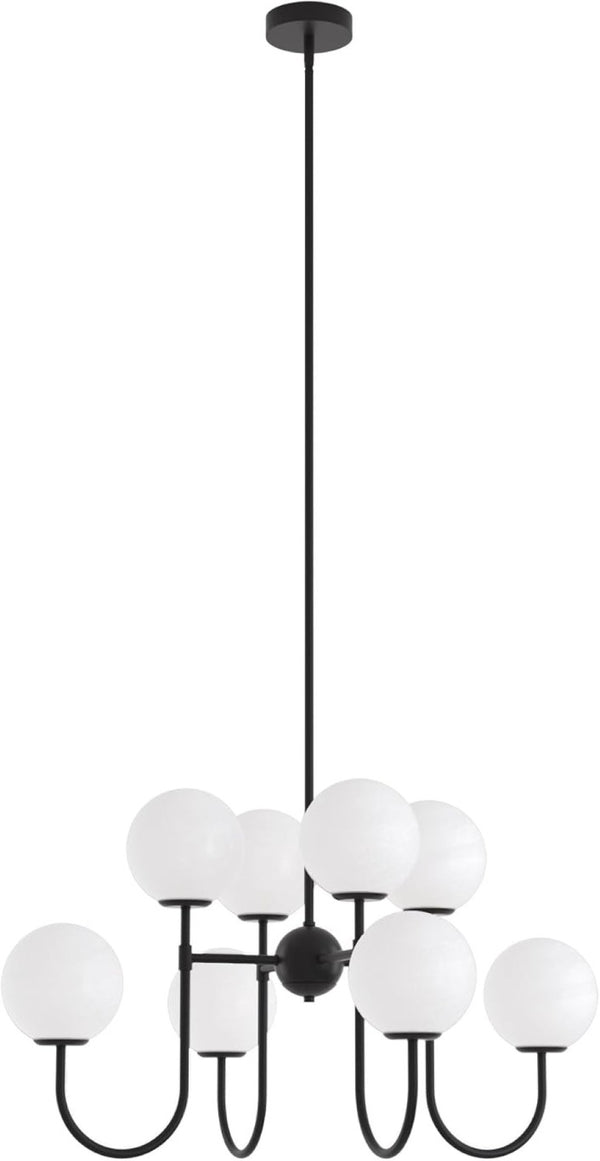English Elm 8-Light Sputnik Chandelier Matte Black Arms Frosted Globe Shades Mid-Century Dining Room T6202P542608