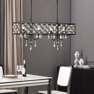 English Elm 4 Light Rectangle Crystal Raindrop Chandelier Matte Black Frame for Dining Room T6202P543255