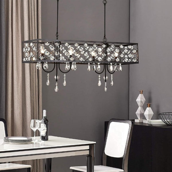 English Elm 4 Light Rectangle Crystal Raindrop Chandelier Matte Black Frame for Dining Room T6202P543255