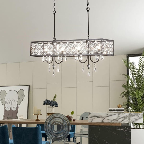 English Elm 4 Light Rectangle Crystal Raindrop Chandelier Matte Black Frame for Dining Room T6202P543255