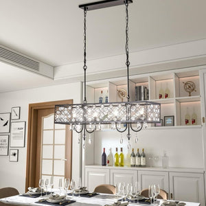 English Elm 4 Light Rectangle Crystal Raindrop Chandelier Matte Black Frame for Dining Room T6202P543255