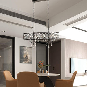 English Elm 4 Light Rectangle Crystal Raindrop Chandelier Matte Black Frame for Dining Room T6202P543255