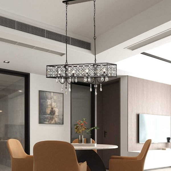 English Elm 4 Light Rectangle Crystal Raindrop Chandelier Matte Black Frame for Dining Room T6202P543255