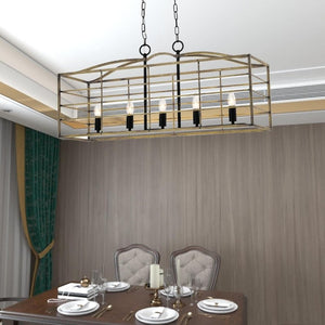 English Elm 5 Light Farmhouse Chandelier Rectangular Iron Cage Wood Grain Finish Dining Room Pendant T6202P543268
