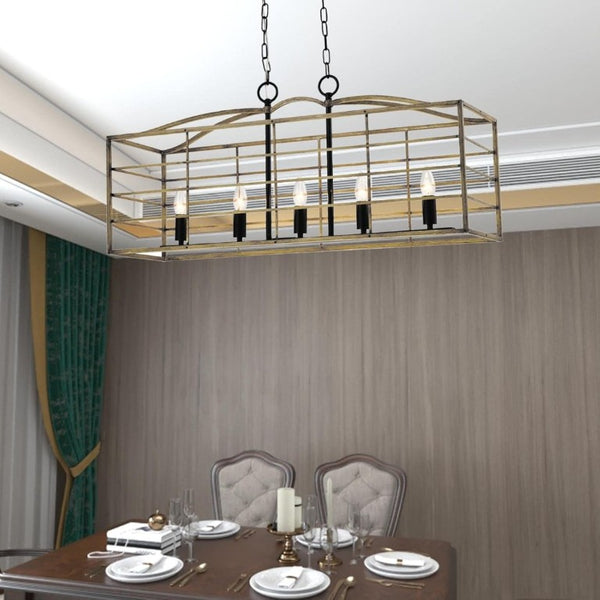 English Elm 5 Light Farmhouse Chandelier Rectangular Iron Cage Wood Grain Finish Dining Room Pendant T6202P543268
