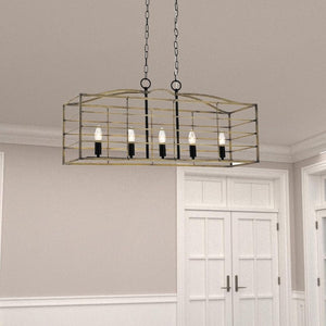 English Elm 5 Light Farmhouse Chandelier Rectangular Iron Cage Wood Grain Finish Dining Room Pendant T6202P543268