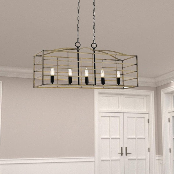 English Elm 5 Light Farmhouse Chandelier Rectangular Iron Cage Wood Grain Finish Dining Room Pendant T6202P543268