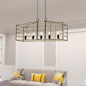 English Elm 5 Light Farmhouse Chandelier Rectangular Iron Cage Wood Grain Finish Dining Room Pendant T6202P543268