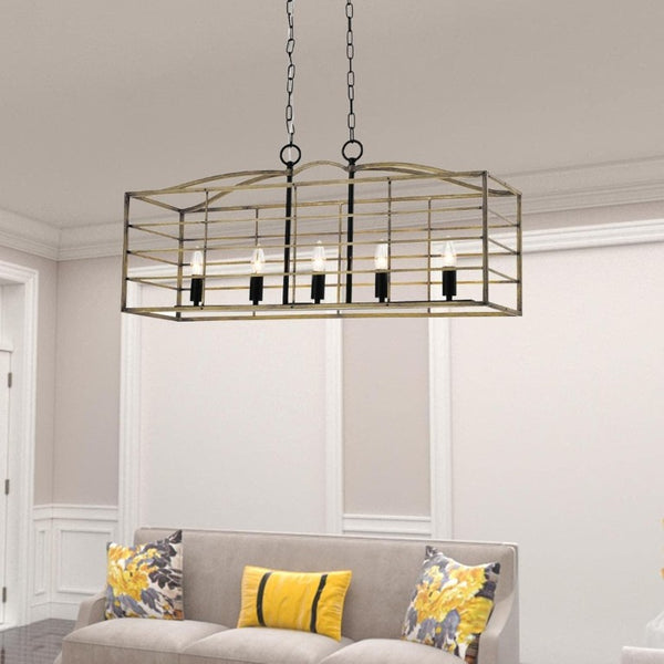 English Elm 5 Light Farmhouse Chandelier Rectangular Iron Cage Wood Grain Finish Dining Room Pendant T6202P543268