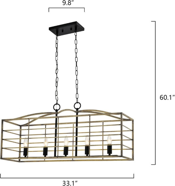 English Elm 5 Light Farmhouse Chandelier Rectangular Iron Cage Wood Grain Finish Dining Room Pendant T6202P543268