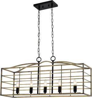 English Elm 5 Light Farmhouse Chandelier Rectangular Iron Cage Wood Grain Finish Dining Room Pendant T6202P543268