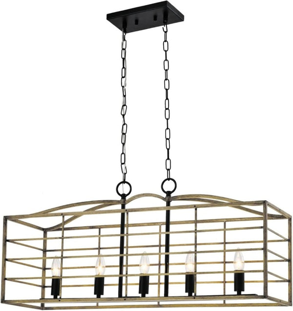 English Elm 5 Light Farmhouse Chandelier Rectangular Iron Cage Wood Grain Finish Dining Room Pendant T6202P543268