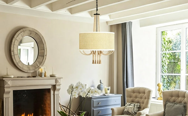 English Elm 19 Inch Woven Rattan Five Light Chandelier Boho Bamboo Bead Tassel Farmhouse Pendant T6202P543317