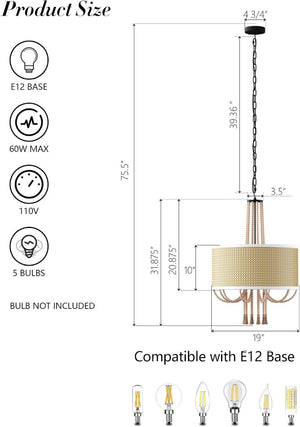 English Elm 19 Inch Woven Rattan Five Light Chandelier Boho Bamboo Bead Tassel Farmhouse Pendant T6202P543317