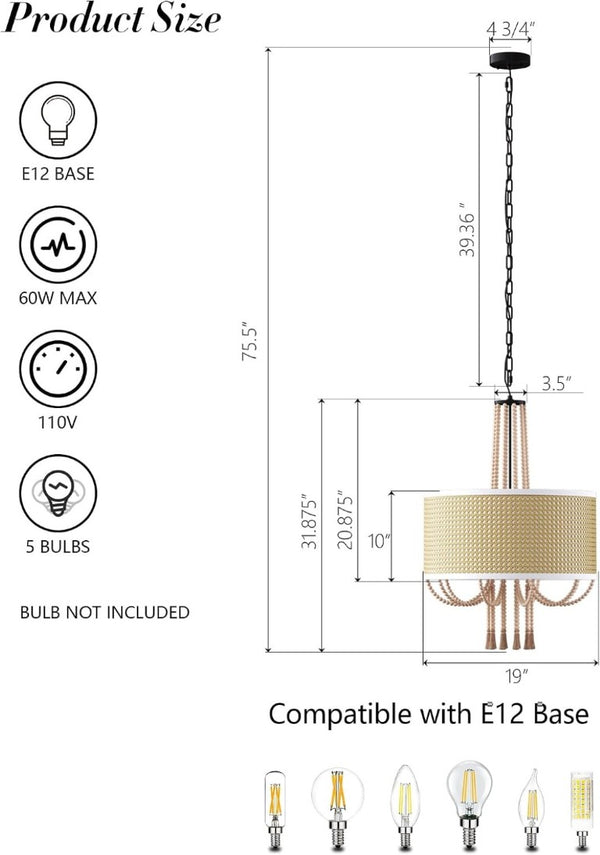 English Elm 19 Inch Woven Rattan Five Light Chandelier Boho Bamboo Bead Tassel Farmhouse Pendant T6202P543317
