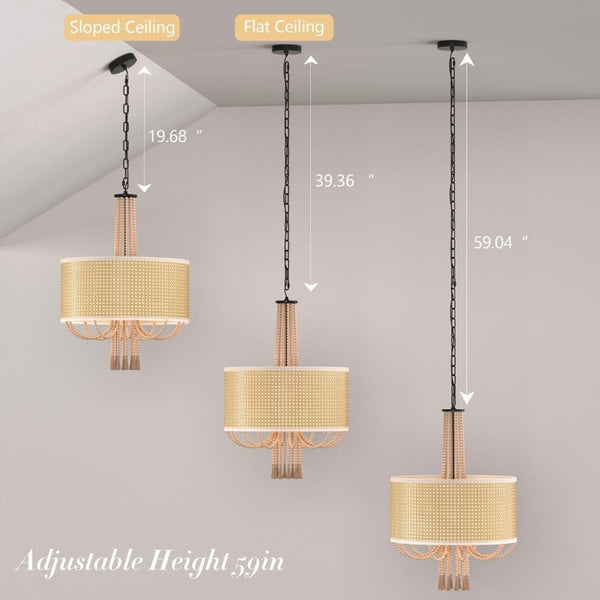 English Elm 19 Inch Woven Rattan Five Light Chandelier Boho Bamboo Bead Tassel Farmhouse Pendant T6202P543317