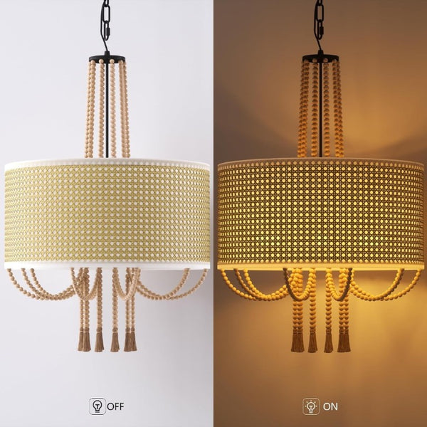 English Elm 19 Inch Woven Rattan Five Light Chandelier Boho Bamboo Bead Tassel Farmhouse Pendant T6202P543317