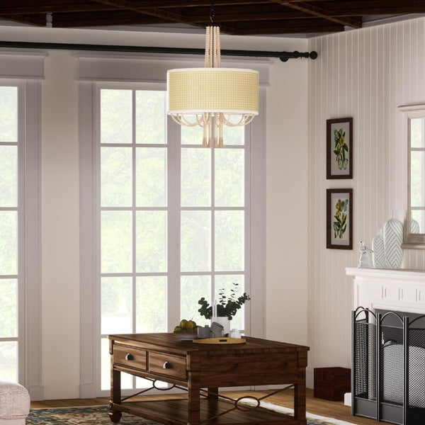 English Elm 19 Inch Woven Rattan Five Light Chandelier Boho Bamboo Bead Tassel Farmhouse Pendant T6202P543317