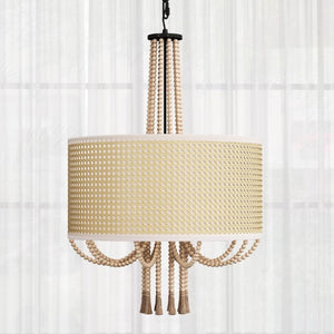 English Elm 19 Inch Woven Rattan Five Light Chandelier Boho Bamboo Bead Tassel Farmhouse Pendant T6202P543317