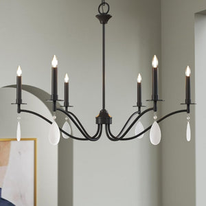 English Elm Black Six Light Candelabra Chandelier with Crystal Teardrops for Dining and Foyer T6202P543328