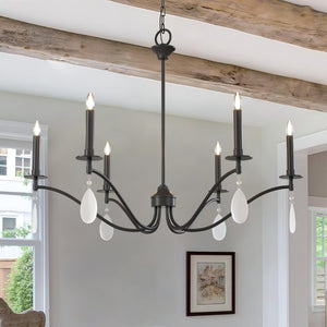 English Elm Black Six Light Candelabra Chandelier with Crystal Teardrops for Dining and Foyer T6202P543328