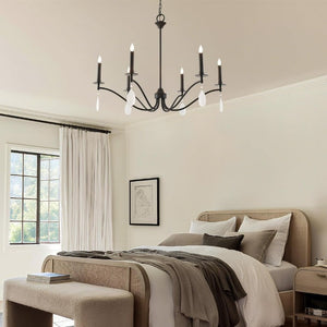 English Elm Black Six Light Candelabra Chandelier with Crystal Teardrops for Dining and Foyer T6202P543328