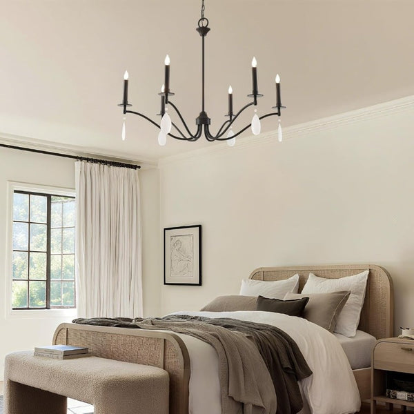 English Elm Black Six Light Candelabra Chandelier with Crystal Teardrops for Dining and Foyer T6202P543328