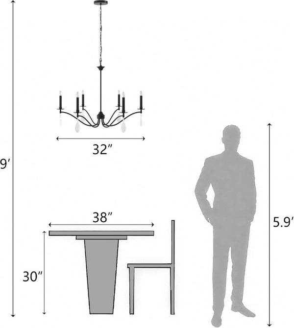 English Elm Black Six Light Candelabra Chandelier with Crystal Teardrops for Dining and Foyer T6202P543328
