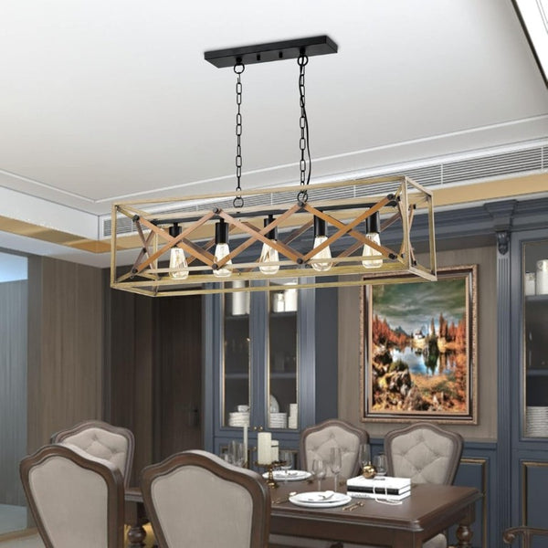 English Elm 5-Light Linear Pendant Chandelier Matte Black Oak Finish for Kitchen Island Dining Room T6202P543338