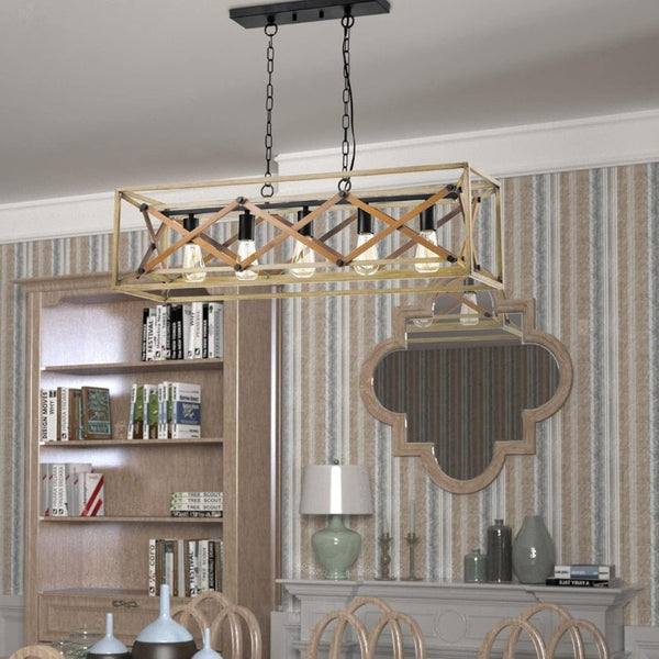 English Elm 5-Light Linear Pendant Chandelier Matte Black Oak Finish for Kitchen Island Dining Room T6202P543338