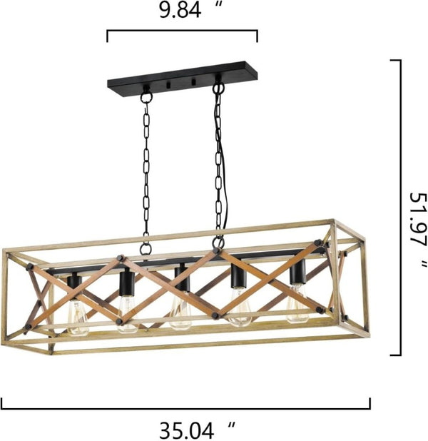 English Elm 5-Light Linear Pendant Chandelier Matte Black Oak Finish for Kitchen Island Dining Room T6202P543338