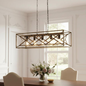 English Elm 5-Light Linear Pendant Chandelier Matte Black Oak Finish for Kitchen Island Dining Room T6202P543338