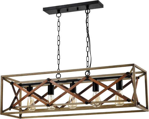 English Elm 5-Light Linear Pendant Chandelier Matte Black Oak Finish for Kitchen Island Dining Room T6202P543338